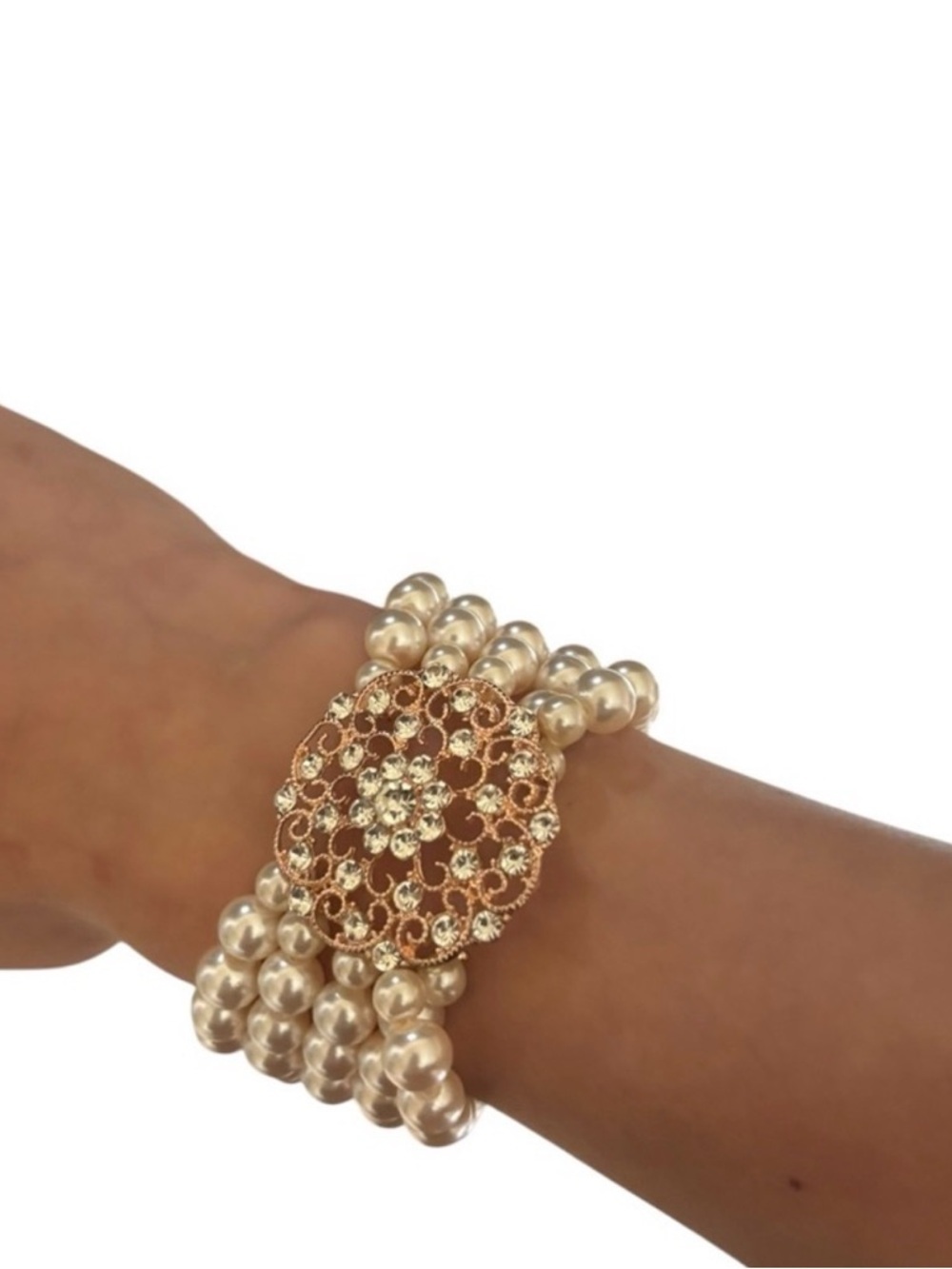 Cream Pearl Multi-Strand Bracelet with Rose Gold Filigree Clasp - Picture 4 of 4